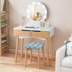 imageGiantex Vanity Set with Round Lighted Mirror Makeup Dressing Table with 8 Light Bulbs and Brightness Adjustable Bedroom Makeup Table with Cushioned Stool and 2 Sliding Drawers WhiteNatural