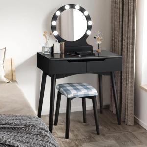imageGiantex Vanity Set with Round Lighted Mirror Makeup Dressing Table with 8 Light Bulbs and Brightness Adjustable Bedroom Makeup Table with Cushioned Stool and 2 Sliding Drawers WhiteBlack