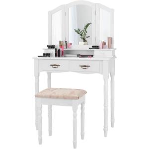 imageGiantex Vanity Set with TriFolding Mirror Makeup Dressing Table with 4 Drawers and Storage Shelf Modern Bedroom Bathroom Makeup Vanity Desk with Cushioned Stool for Girls Women WhiteWhite