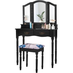imageGiantex Vanity Set with TriFolding Mirror Makeup Dressing Table with 4 Drawers and Storage Shelf Modern Bedroom Bathroom Makeup Vanity Desk with Cushioned Stool for Girls Women WhiteBlack