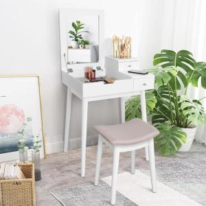 imageGiantex Vanity Table Set with Flip Top Mirror and Cushioned Stool Folding Top Flip Mirrored Large Storage Organizer for Home Bedroom Bathroom Makeup Dressing Table Set with 2 Drawers White