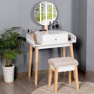 imageGiantex Vanity Table Set with Height Adjustable Round Mirror Makeup Mirrored Dressing Table with Cushioned Stool Side Storage and Large Drawer Gift Vanities for Women Girls Bedroom White