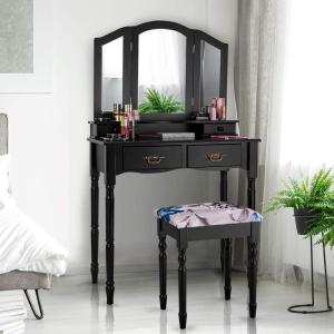 imageGiantex Vanity Table Set with TriFolding Mirror Makeup Dressing Table with 4 Drawers Bedroom Vanity with Padded Stool Room Desk Vanities Black