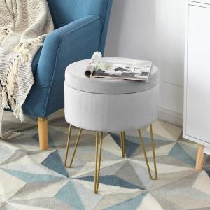 imageGiantex Velvet Footrest Stool Round with Storage Function Gold Metal Legs and Removable Seat Modern Dressing Vanity Chair for Home Living Room Bedroom Storage Ottoman Grey