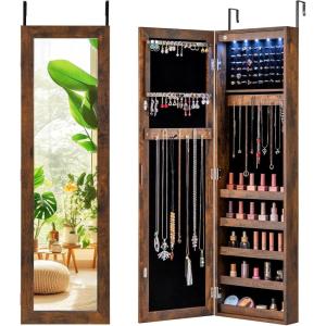 imageGiantex Wall or Door Mounted Jewelry Cabinet with Full Length Mirror Over The Door Jewelry Armoire Organizer Hanging Storage Cabinet with Necklace Hooks Earring Slots Ring Slots ampamp Shelves WhiteRustic Brown
