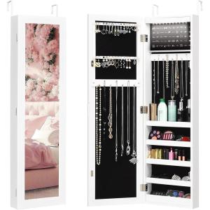 imageGiantex Wall or Door Mounted Jewelry Cabinet with Full Length Mirror Over The Door Jewelry Armoire Organizer Hanging Storage Cabinet with Necklace Hooks Earring Slots Ring Slots ampamp Shelves WhiteWhite