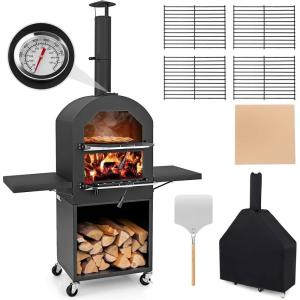 imageGiantex Wood Fired Pizza Oven with Pizza Stone Peel Waterproof Cover Cooking Grids Wheels for Outside Camping Outdoor Backyard Party 64 InchWith Side Tables