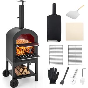imageGiantex Wood Fired Pizza Oven with Pizza Stone Peel Waterproof Cover Cooking Grids Wheels for Outside Camping Outdoor Backyard Party 64 InchWithout Side Tables