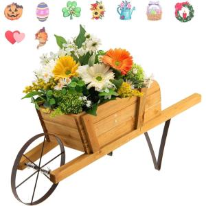 imageGiantex Wood Wagon Planter Small Wheelbarrow Wagon Cart Indoor ampamp Outdoor Decorative Raised Bed W 9 Magnetic Accessories Flower Pot Wheelbarrow Cart for Garden Backyard RedWalnut
