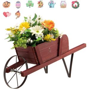 imageGiantex Wood Wagon Planter Small Wheelbarrow Wagon Cart Indoor ampamp Outdoor Decorative Raised Bed W 9 Magnetic Accessories Flower Pot Wheelbarrow Cart for Garden Backyard RedRed