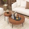 imageGiantex Boho Round Coffee Table Set of 2 Sofa Side Nesting Table with Solid Pine Wood Top Metal Legs ampamp Adjustable Foot Pads 315quot D Large Table Set for Living Room Radial Pattern NaturalBrown