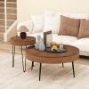 imageGiantex Boho Round Coffee Table Set of 2 Sofa Side Nesting Table with Solid Pine Wood Top Metal Legs ampamp Adjustable Foot Pads 315quot D Large Table Set for Living Room Radial Pattern NaturalBrown