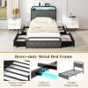 imageGiantex Full Size Bed Frame with 4 Storage Drawers and Charging Station Metal Full Platform Bed wLED Lights ampamp Linen Upholstered Headboard No Box Spring Needed Full Storage Bed Black ampamp GreyBlack  Grey