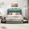 imageGiantex Full Size Bed Frame with 4 Storage Drawers and Charging Station Metal Full Platform Bed wLED Lights ampamp Linen Upholstered Headboard No Box Spring Needed Full Storage Bed Black ampamp GreyBlack  Grey