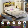 imageGiantex Full Size Bed Frame with Storage Drawer ampamp Headboard Full Storage Bed with LED Lights ampamp Charging Station Wooden Platform Bed with Upholstered Bookcase Headboard No Box Spring Needed Gray