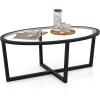 imageGiantex Glass Coffee Table 465quot Oval Accent Sofa Tea Table with Tempered Glass Top Cross Base ampamp Acacia Wood Legs Simple Modern Cocktail Center Table for Living Room Home Office Black