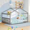 imageGiantex House Bed Twin Solid Wood Kids House Bed with Roof Headboard and Footboard Low Floor Twin Bed Frame for Toddlers Teens Girls Boys No Box Spring Needed WhiteGrey