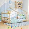 imageGiantex House Bed Twin Solid Wood Kids House Bed with Roof Headboard and Footboard Low Floor Twin Bed Frame for Toddlers Teens Girls Boys No Box Spring Needed WhiteNatural