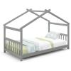 imageGiantex House Bed Twin Solid Wood Kids House Bed with Roof Headboard and Footboard Low Floor Twin Bed Frame for Toddlers Teens Girls Boys No Box Spring Needed WhiteGrey