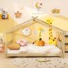 imageGiantex House Bed Twin Solid Wood Kids House Bed with Roof Headboard and Footboard Low Floor Twin Bed Frame for Toddlers Teens Girls Boys No Box Spring Needed WhiteNatural