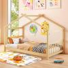 imageGiantex House Bed Twin Solid Wood Kids House Bed with Roof Headboard and Footboard Low Floor Twin Bed Frame for Toddlers Teens Girls Boys No Box Spring Needed WhiteNatural