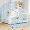 imageGiantex House Bed Twin Solid Wood Kids House Bed with Roof Headboard and Footboard Low Floor Twin Bed Frame for Toddlers Teens Girls Boys No Box Spring Needed WhiteWhite