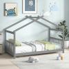 imageGiantex House Bed Twin Solid Wood Kids House Bed with Roof Headboard and Footboard Low Floor Twin Bed Frame for Toddlers Teens Girls Boys No Box Spring Needed WhiteGrey