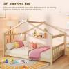 imageGiantex House Bed Twin Solid Wood Kids House Bed with Roof Headboard and Footboard Low Floor Twin Bed Frame for Toddlers Teens Girls Boys No Box Spring Needed WhiteNatural