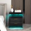 imageGiantex LED Nightstand Modern Black Bedside Tables with 2 Storage Drawers High Gloss End Side Table with Adjustable Light Mode Smart Night Stand for BedroomBlack