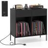 imageGiantex Large Record Player Stand with Charging Station Mid Century Wood Turntable Stand with 2 Storage Drawers ampamp Compartments Vinyl Record Storage for Living Room BlackBlack