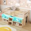 imageGiantex Low Loft Bed with LED Lights Wooden Loft Bed Twin Size with Stairs ampamp Safety Guardrail Loft Bed for Kids with Storage Bookcase and UnderBed Play Space GreyNatural