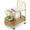imageGiantex Mobile Glass Coffee Table 2Tier Modern Cocktail Table with Bear Pattern Storage Basket ampamp Metal Frame Sofa Side Tea Table on Lockable Wheels Center Table for Living Room Bedroom WhiteGolden