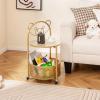 imageGiantex Mobile Glass Coffee Table 2Tier Round End Table with Bear Pattern Storage Basket Metal Frame Modern Cocktail Table on Lockable Wheels Sofa Side Tea Table for Living Room Bedroom GoldenGolden