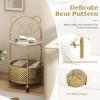 imageGiantex Mobile Glass Coffee Table 2Tier Round End Table with Bear Pattern Storage Basket Metal Frame Modern Cocktail Table on Lockable Wheels Sofa Side Tea Table for Living Room Bedroom GoldenGolden