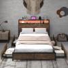 imageGiantex Queen Bed Frame with LED Lights Headboard and 4 Storage Drawers Metal Platform Bed with Outlets and USB Ports Charging Station Smart LED Bed Frame Easy Assembly No Box Spring NeededFull