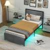 imageGiantex Queen Bed Frame with LED Lights and 2 Storage Drawers Upholstered LED Platform Bed with Linen Fabric Headboard Metal Slats Support No Box Spring Needed Light up Bed Frame GreyTwin