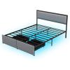 imageGiantex Queen Bed Frame with LED Lights and 2 Storage Drawers Upholstered LED Platform Bed with Linen Fabric Headboard Metal Slats Support No Box Spring Needed Light up Bed Frame GreyQueen