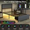 imageGiantex Queen Bed Frame with LED Lights and 2 Storage Drawers Upholstered LED Platform Bed with Linen Fabric Headboard Metal Slats Support No Box Spring Needed Light up Bed Frame GreyTwin