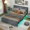 imageGiantex Queen Bed Frame with LED Lights and 2 Storage Drawers Upholstered LED Platform Bed with Linen Fabric Headboard Metal Slats Support No Box Spring Needed Light up Bed Frame GreyQueen