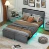 imageGiantex Queen Bed Frame with LED Lights and 2 Storage Drawers Upholstered LED Platform Bed with Linen Fabric Headboard Metal Slats Support No Box Spring Needed Light up Bed Frame GreyFull