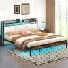 imageGiantex Queen Size Bed Frame with Storage Headboard Metal Platform Bed wLED Light ampamp Charging Station Linen Upholstered Headboard Heavy Duty Slat Support No Box Spring Needed NoiseFreeRustic Brownblackgrey