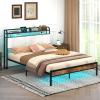 imageGiantex Queen Size Bed Frame with Storage Headboard Metal Platform Bed wLED Light ampamp Charging Station Linen Upholstered Headboard Heavy Duty Slat Support No Box Spring Needed NoiseFreeRustic Brownblackgrey