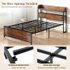 imageGiantex Queen Size Bed Frame with Storage Headboard Metal Platform Bed wLED Light ampamp Charging Station Linen Upholstered Headboard Heavy Duty Slat Support No Box Spring Needed NoiseFreeRustic Brownblack
