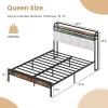 imageGiantex Queen Size Bed Frame with Storage Headboard Metal Platform Bed wLED Light ampamp Charging Station Linen Upholstered Headboard Heavy Duty Slat Support No Box Spring Needed NoiseFreeRustic Brownblackgrey