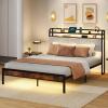 imageGiantex Queen Size Bed Frame with Storage Headboard Metal Platform Bed wLED Light ampamp Charging Station Linen Upholstered Headboard Heavy Duty Slat Support No Box Spring Needed NoiseFreeRustic Brownblackgrey