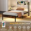 imageGiantex Queen Size Bed Frame with Storage Headboard Metal Platform Bed wLED Light ampamp Charging Station Linen Upholstered Headboard Heavy Duty Slat Support No Box Spring Needed NoiseFreeRustic Brownblackgrey