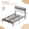 imageGiantex Queen Size Bed Frame with Storage Headboard Metal Platform Bed wLED Light ampamp Charging Station Linen Upholstered Headboard Heavy Duty Slat Support No Box Spring Needed NoiseFreeRustic Brownblackgrey