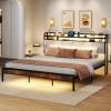 imageGiantex Queen Size Bed Frame with Storage Headboard Metal Platform Bed wLED Light ampamp Charging Station Linen Upholstered Headboard Heavy Duty Slat Support No Box Spring Needed NoiseFreeRustic Brownblackgrey