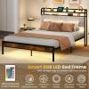 imageGiantex Queen Size Bed Frame with Storage Headboard Metal Platform Bed wLED Light ampamp Charging Station Linen Upholstered Headboard Heavy Duty Slat Support No Box Spring Needed NoiseFreeRustic Brownblackgrey