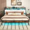 imageGiantex Queen Size Bed Frame with Storage Headboard Metal Platform Bed wLED Light ampamp Charging Station Linen Upholstered Headboard Heavy Duty Slat Support No Box Spring Needed NoiseFreeRustic Brownblackgrey